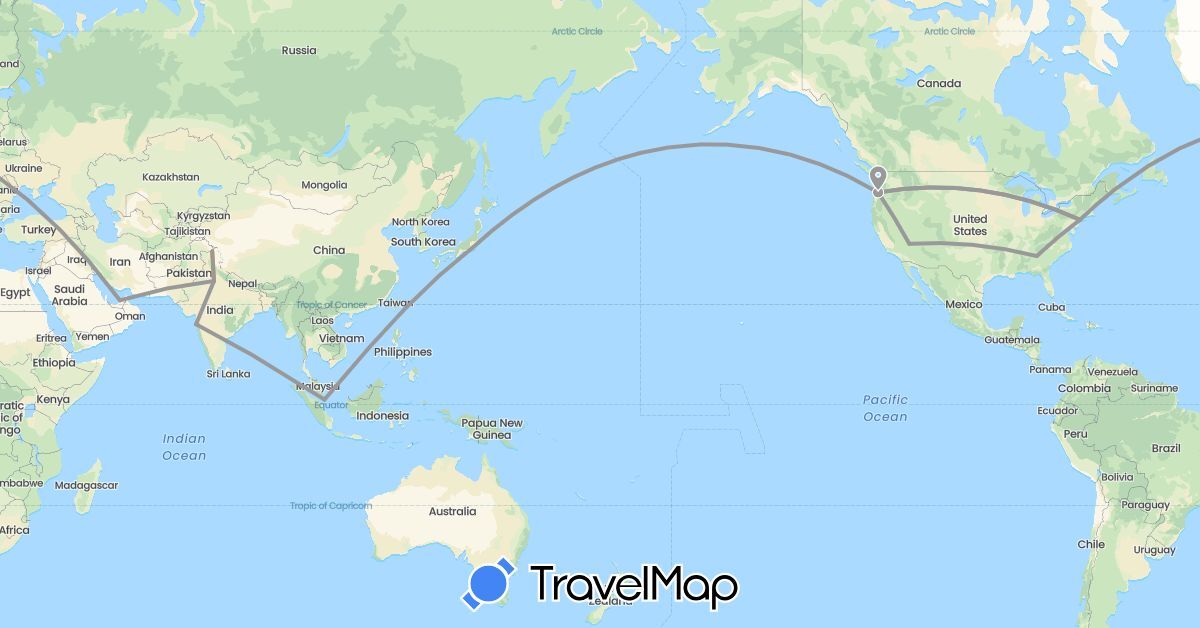TravelMap itinerary: driving, plane, hitchhiking in United Arab Emirates, India, Japan, Singapore, United States (Asia, North America)