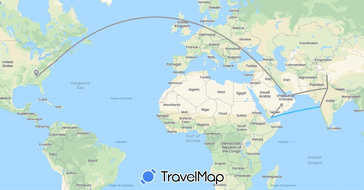 TravelMap itinerary: driving, plane, boat, hitchhiking in United Arab Emirates, India, Saudi Arabia, United States (Asia, North America)